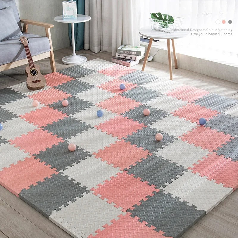 red, gray, and white baby foam floor tiles