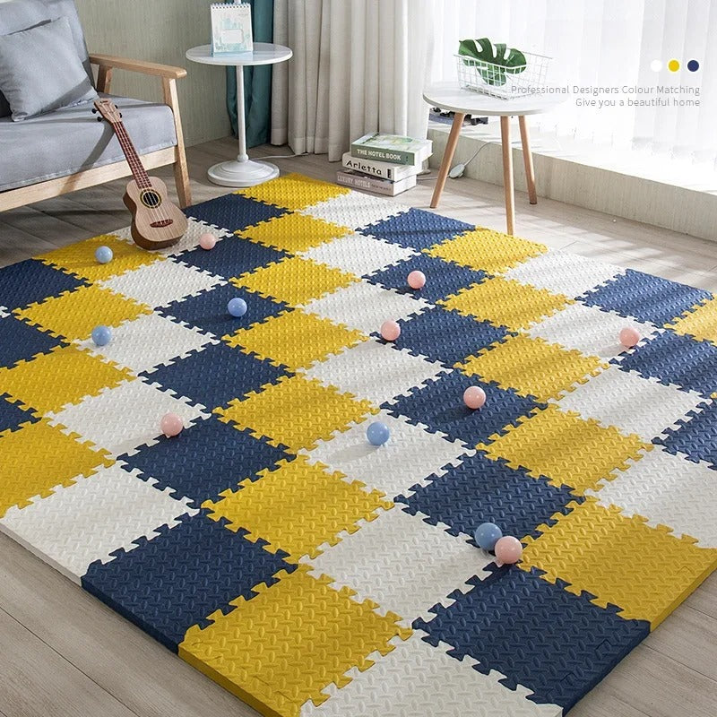 yellow, navy blue, and white baby foam floor tiles